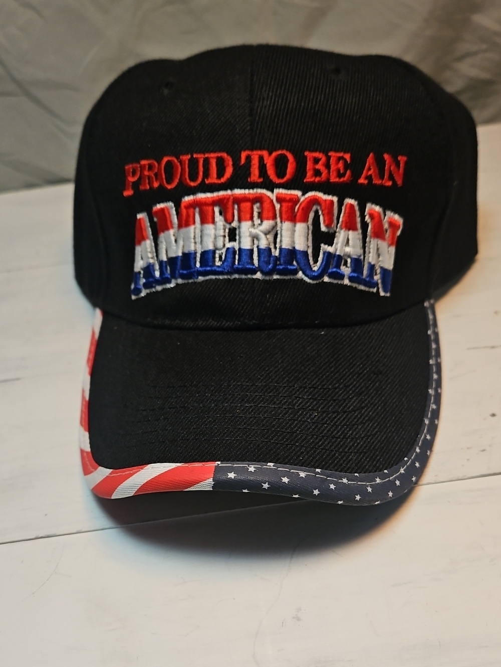 Proud To Be An American Embroidered Baseball Cap - Black with Red/White/Blue